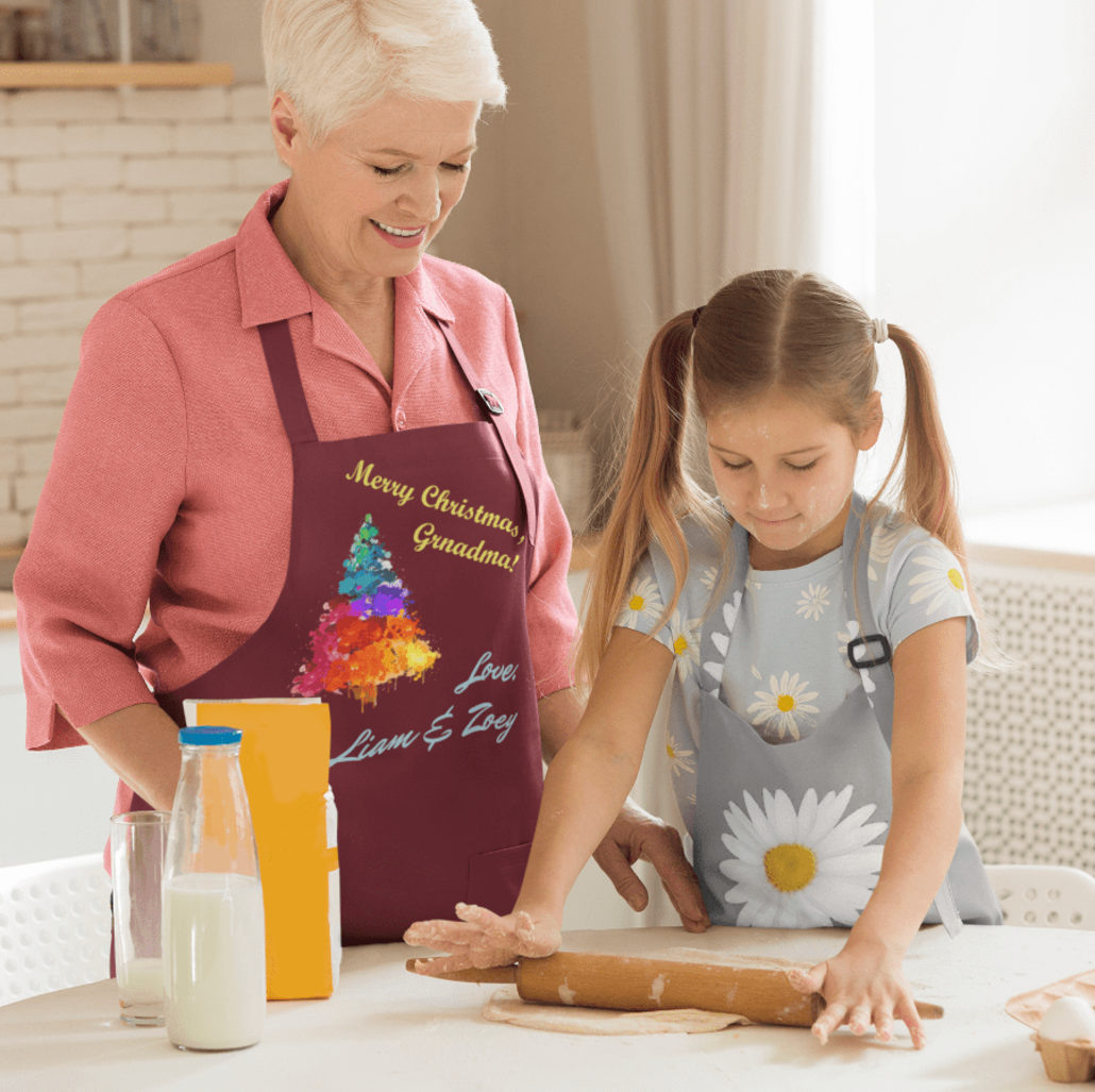 Old lady with custom Christmas apron
